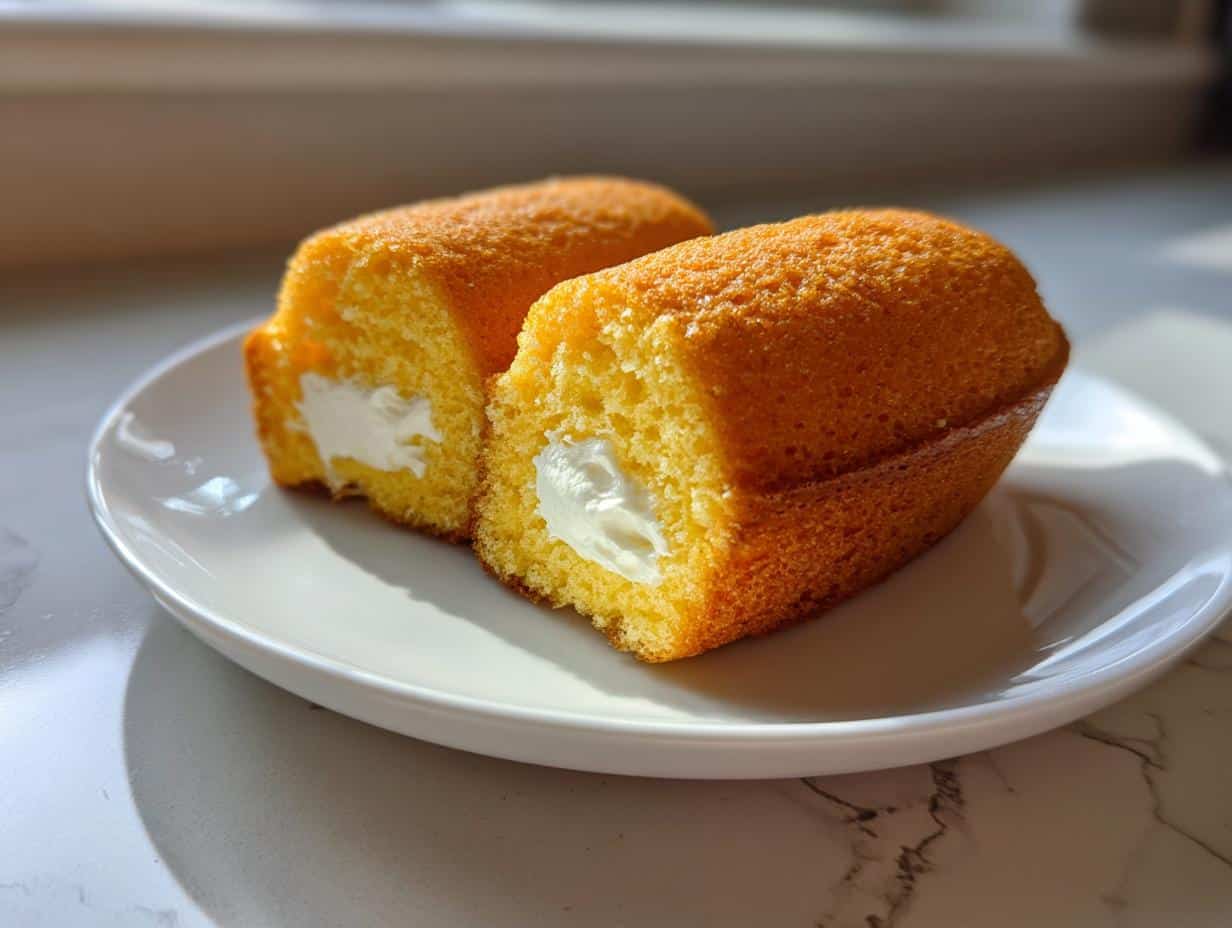 Two golden-brown Homemade Twinkies, split open to reveal creamy white filling, resting on a white plate.