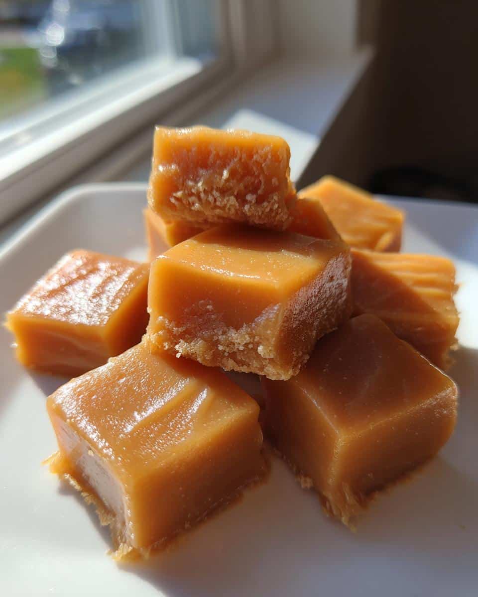 A close-up of a pile of golden-brown Homemade Vanilla Cream Caramels on a white plate, with sunlight streaming in from a window.
