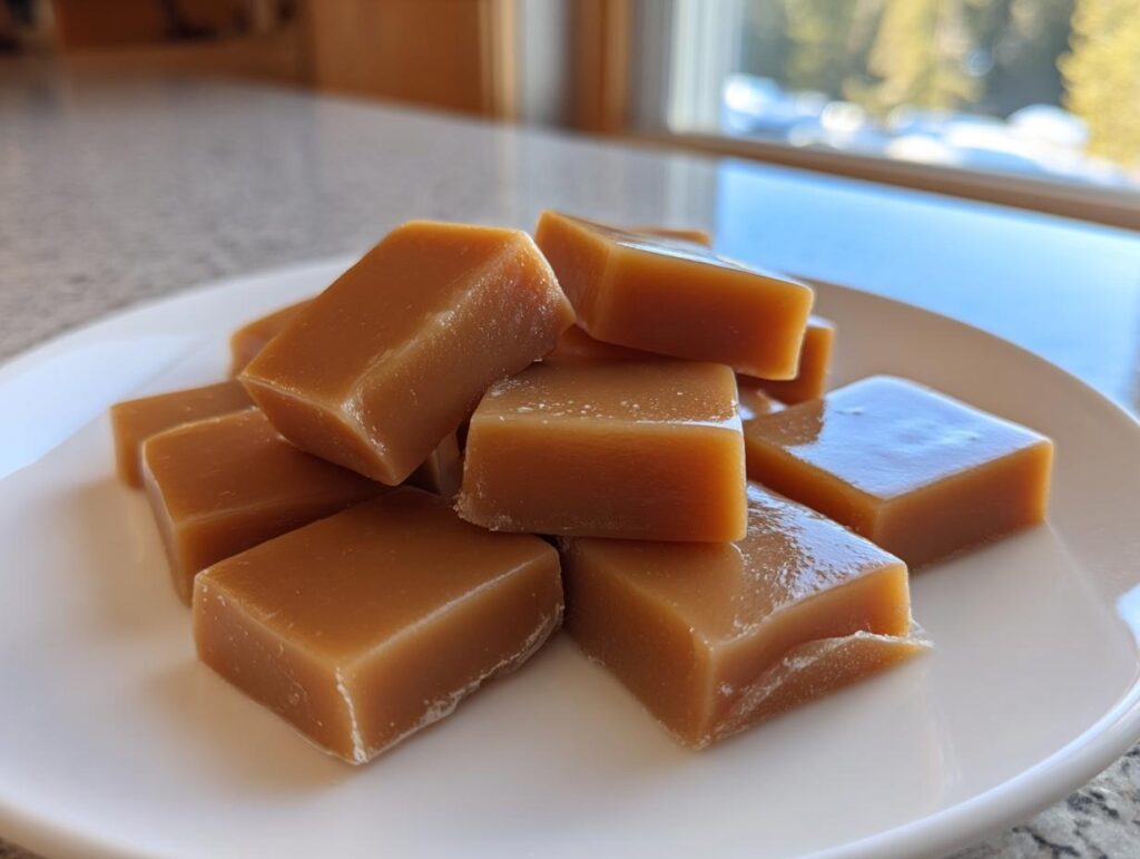 A close-up of a pile of shiny, golden-brown square Homemade Vanilla Cream Caramels on a white plate.