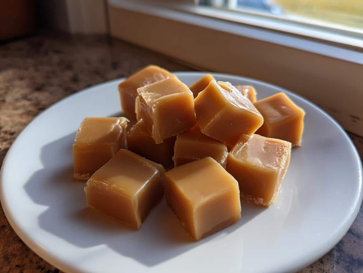 A white plate piled high with golden-brown, square-shaped Homemade Vanilla Cream Caramels, glistening in natural light.