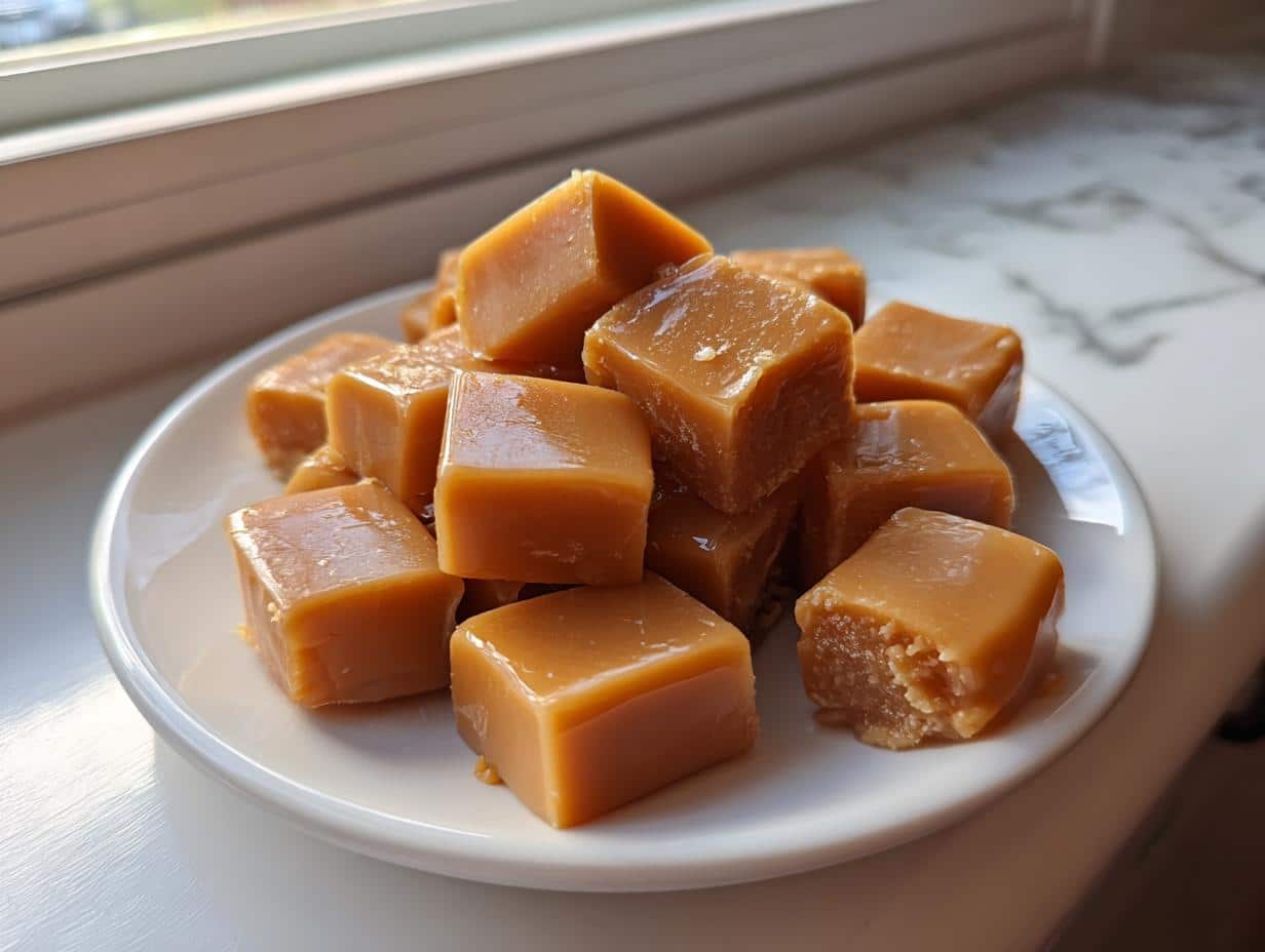 A white plate piled high with golden-brown, square-shaped Homemade Vanilla Cream Caramels, one with a bite taken out.