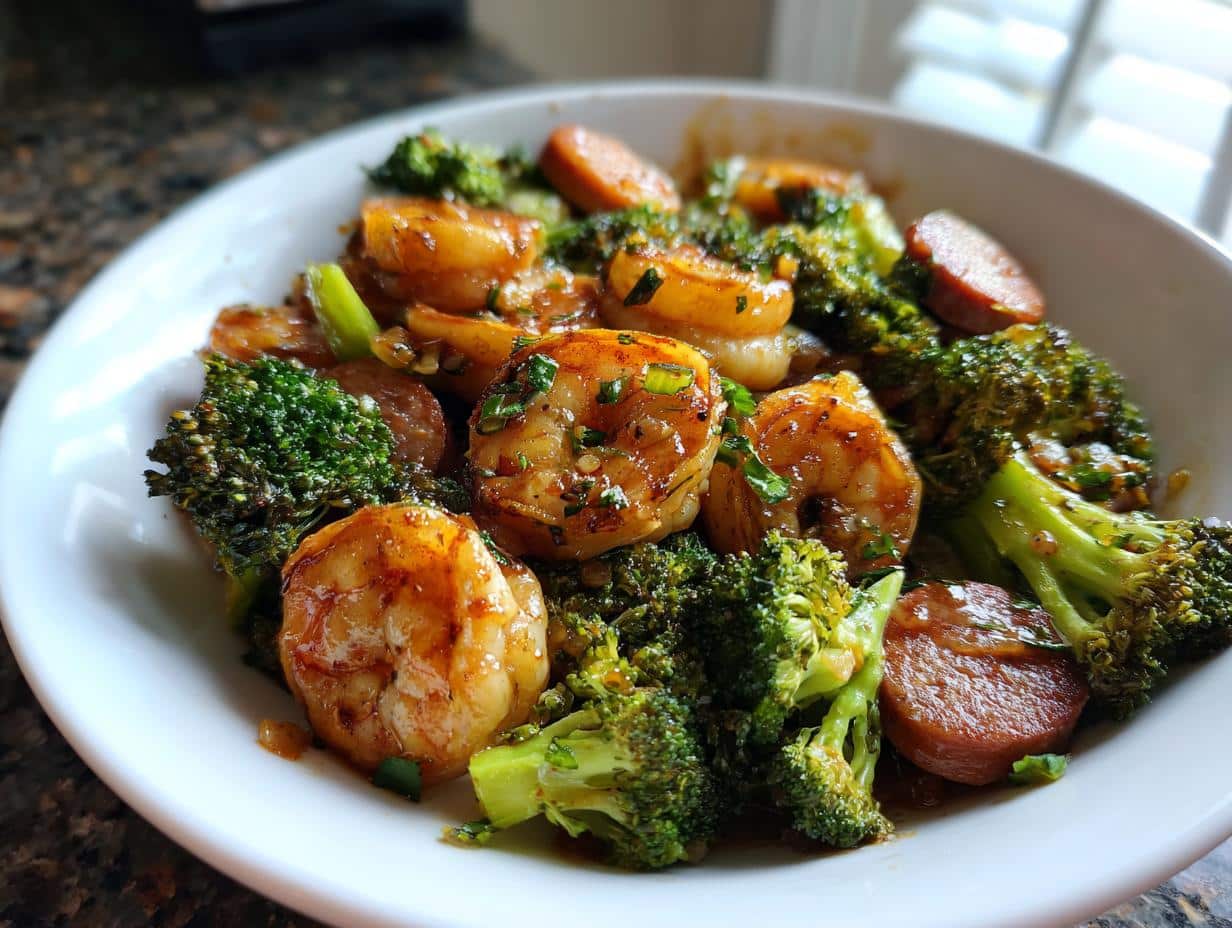 A close-up of a white bowl filled with Honey Garlic Shrimp, Sausage & Broccoli, garnished with fresh herbs.