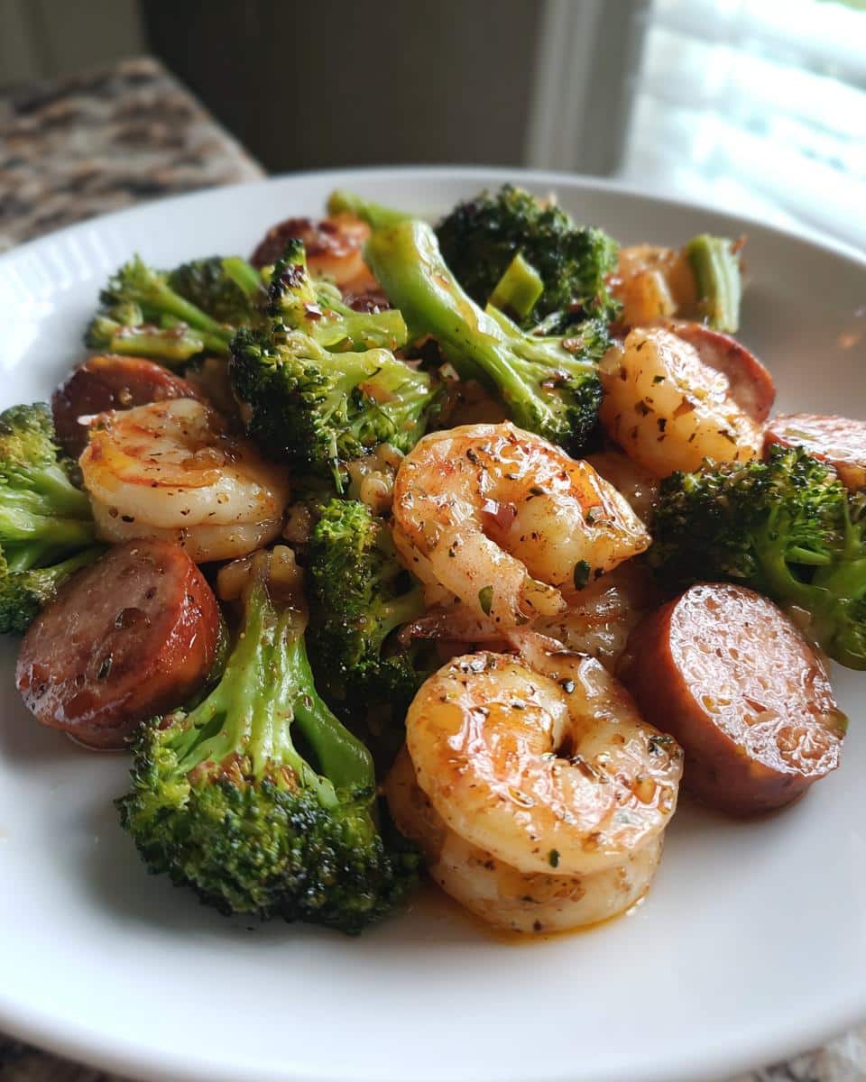 A close-up shot of a white plate filled with Honey Garlic Shrimp, Sausage & Broccoli, seasoned and ready to eat.