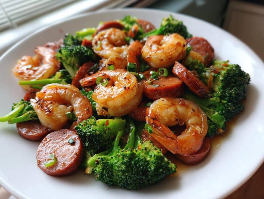 A close-up of a white plate filled with Honey Garlic Shrimp, Sausage & Broccoli, garnished with green onions.