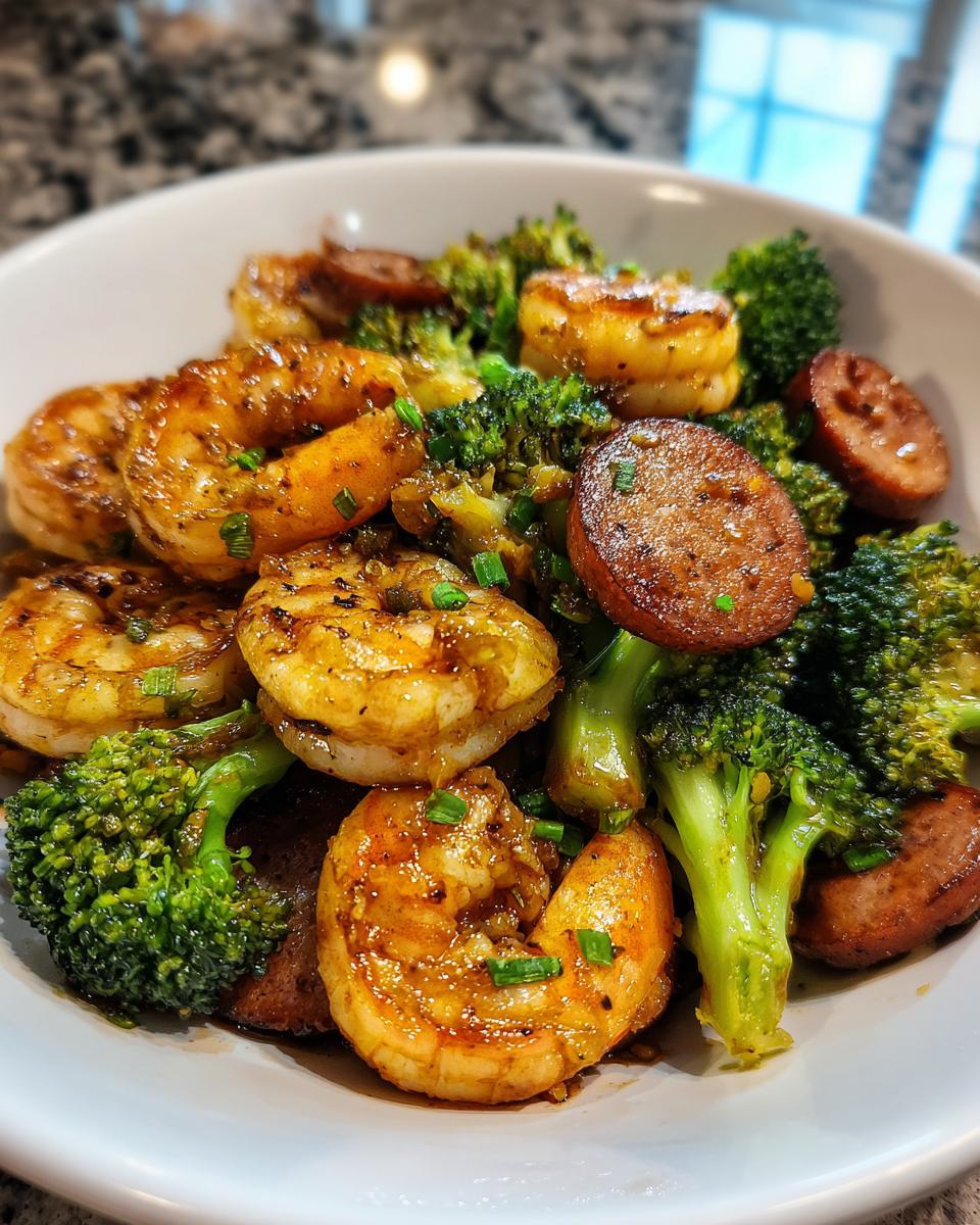 A close-up of a bowl filled with Honey Garlic Shrimp, Sausage & Broccoli, garnished with chives.