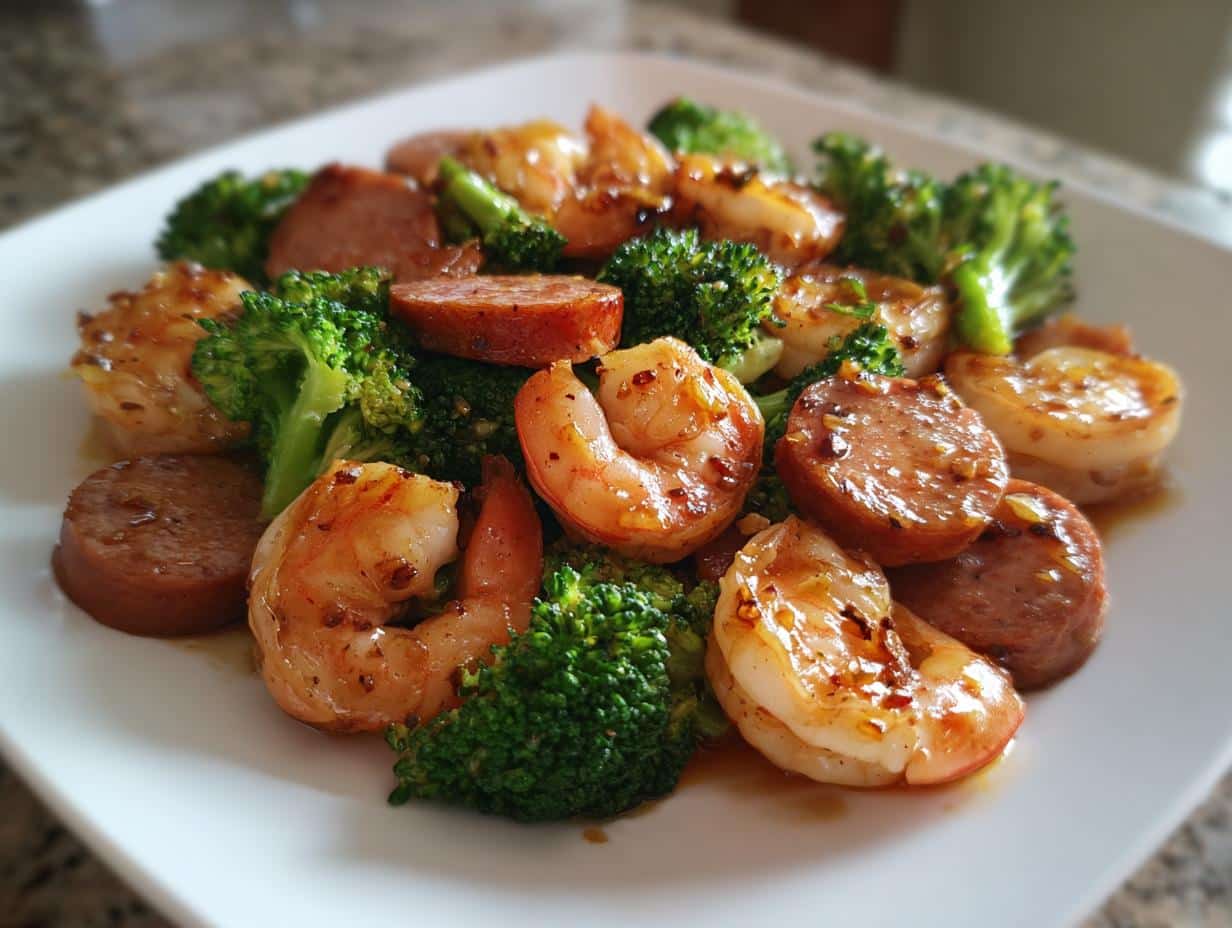 A close-up of a white plate filled with Honey Garlic Shrimp, Sausage & Broccoli, coated in a glistening sauce.