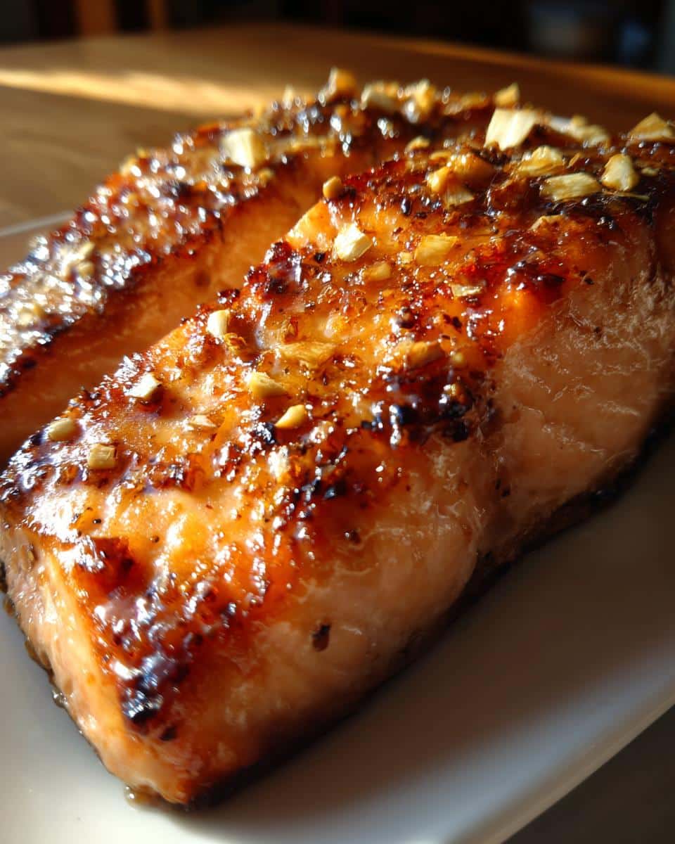 Two perfectly cooked honey glazed air fryer salmon fillets, glistening with a sweet and savory glaze and topped with chopped nuts.