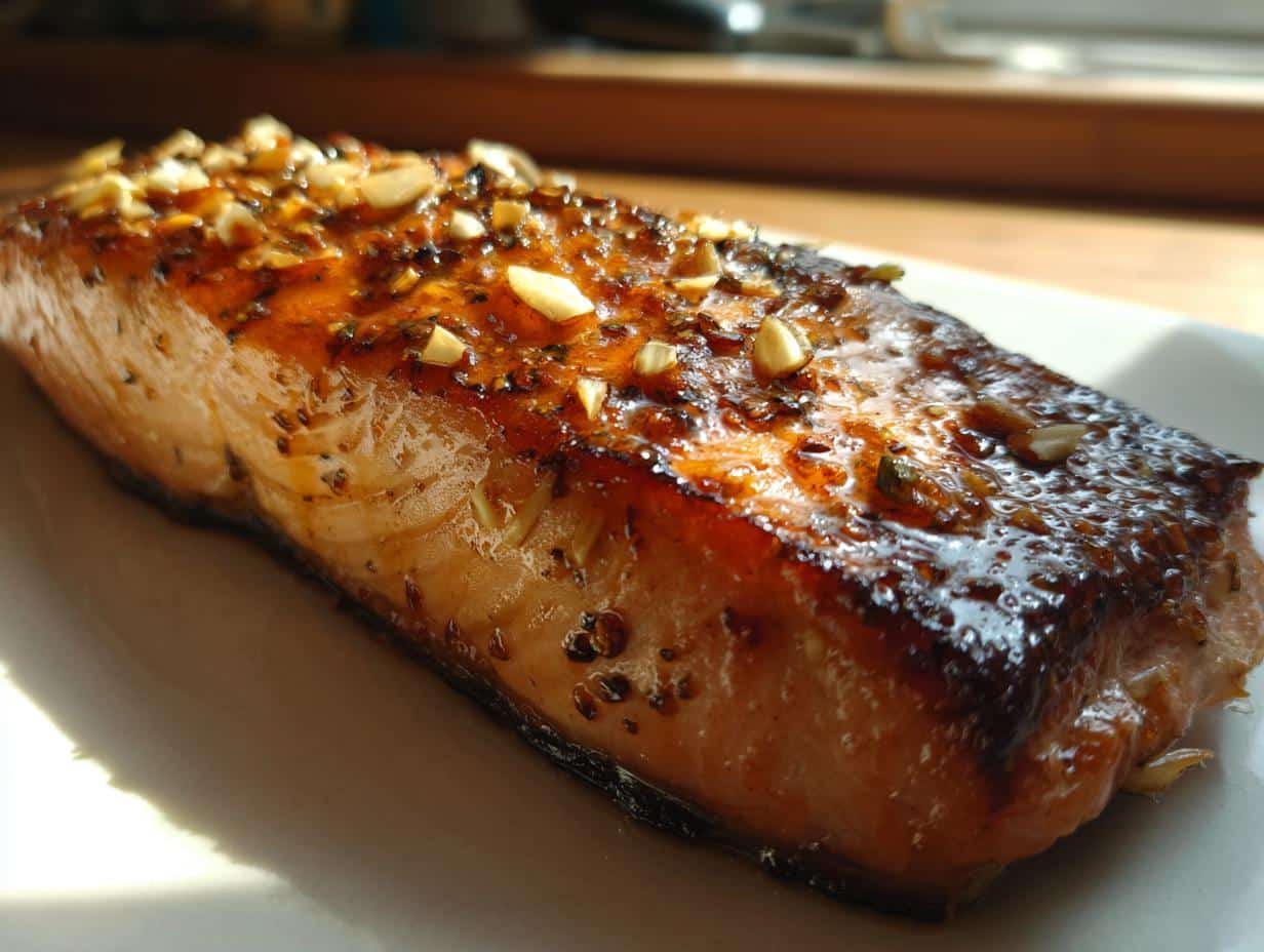 Close-up of a perfectly cooked fillet of honey glazed air fryer salmon, topped with garlic and herbs.