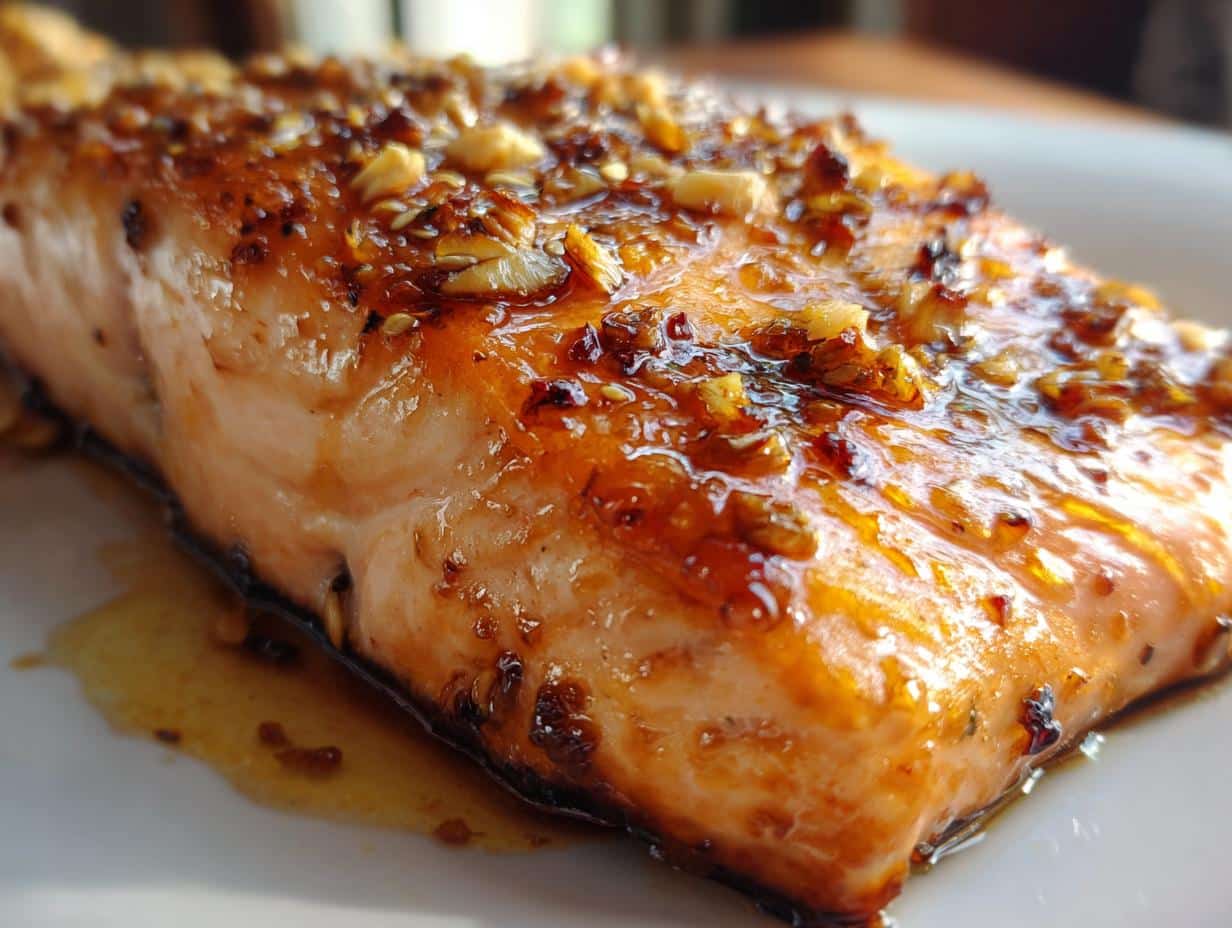 A close-up shot of a perfectly cooked fillet of honey glazed air fryer salmon, glistening with a sweet and savory glaze.