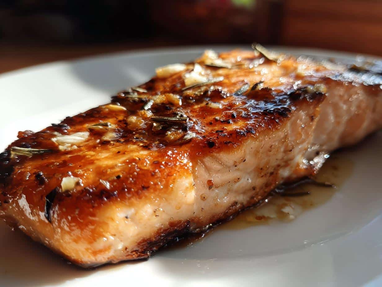 Close-up of a perfectly cooked honey glazed air fryer salmon fillet on a white plate, garnished with herbs and garlic.