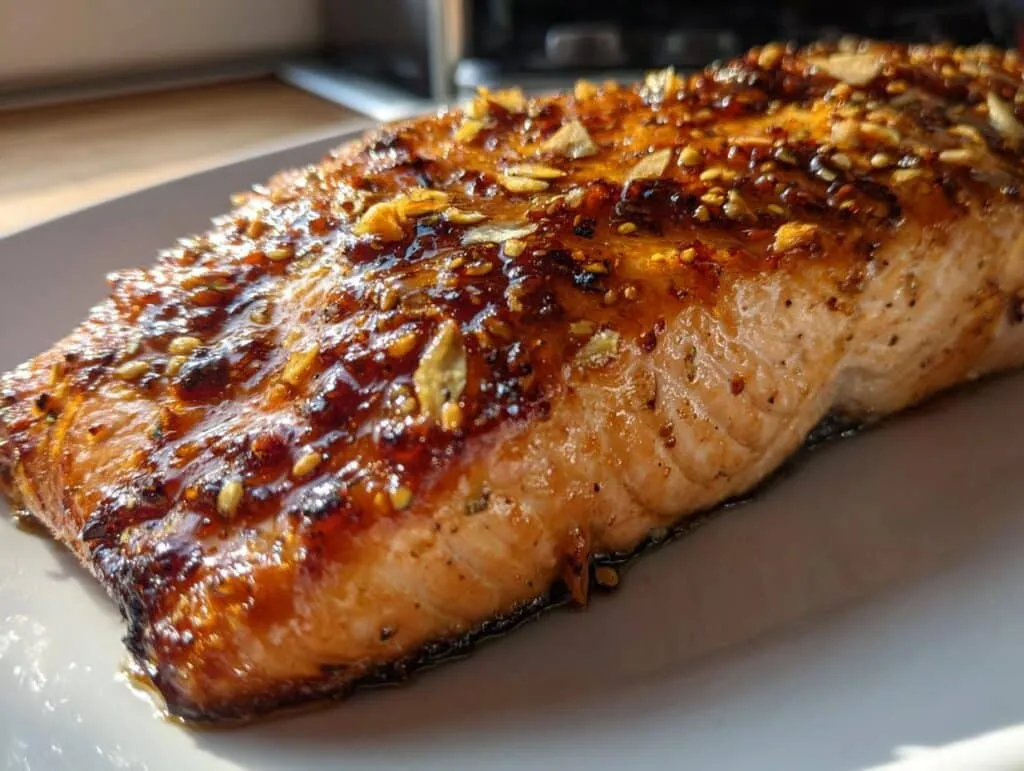 Close-up of a golden-brown honey glazed air fryer salmon fillet on a white plate, topped with sesame seeds and garlic.