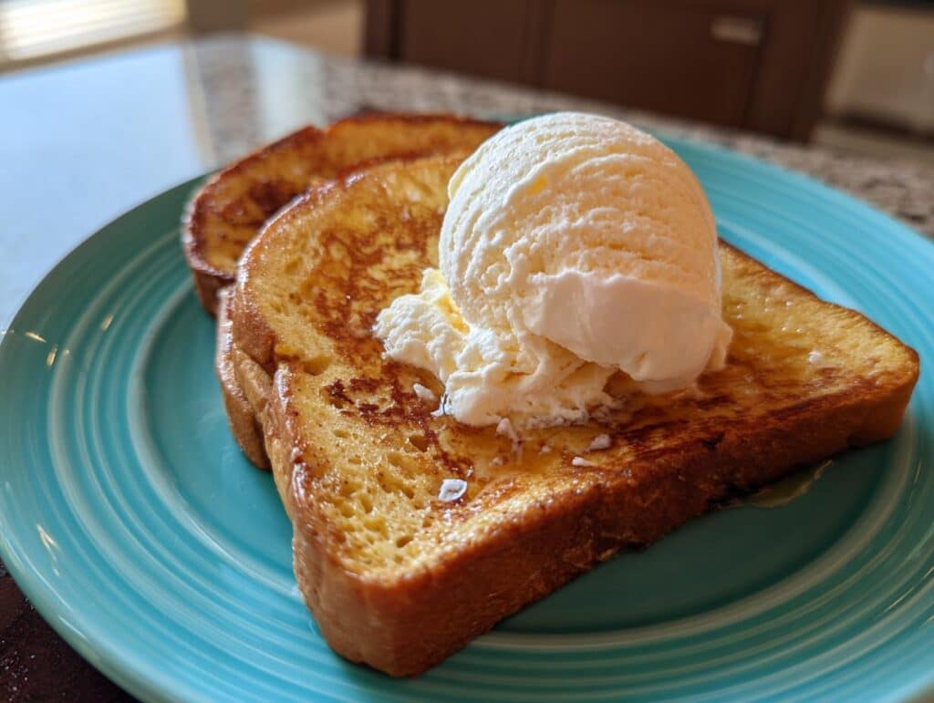Two slices of ice cream French toast with a scoop of vanilla ice cream on a blue plate.