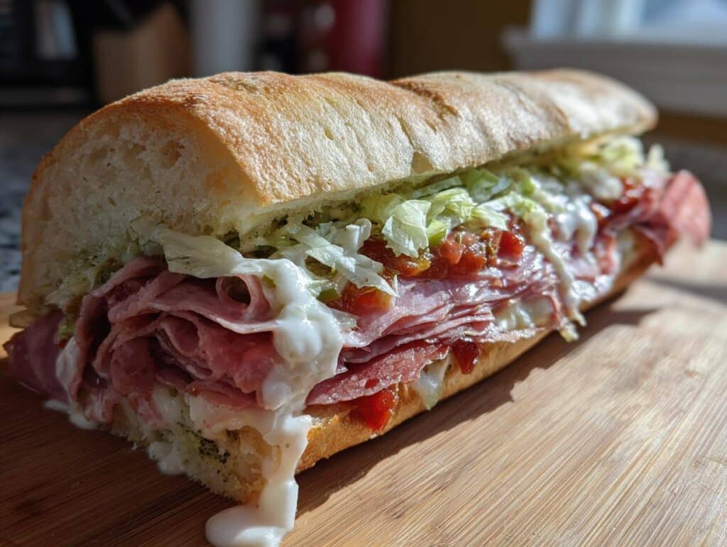 Close-up of a loaded Italian Chopped Sandwich with meats, lettuce, tomatoes, and creamy dressing on a baguette.