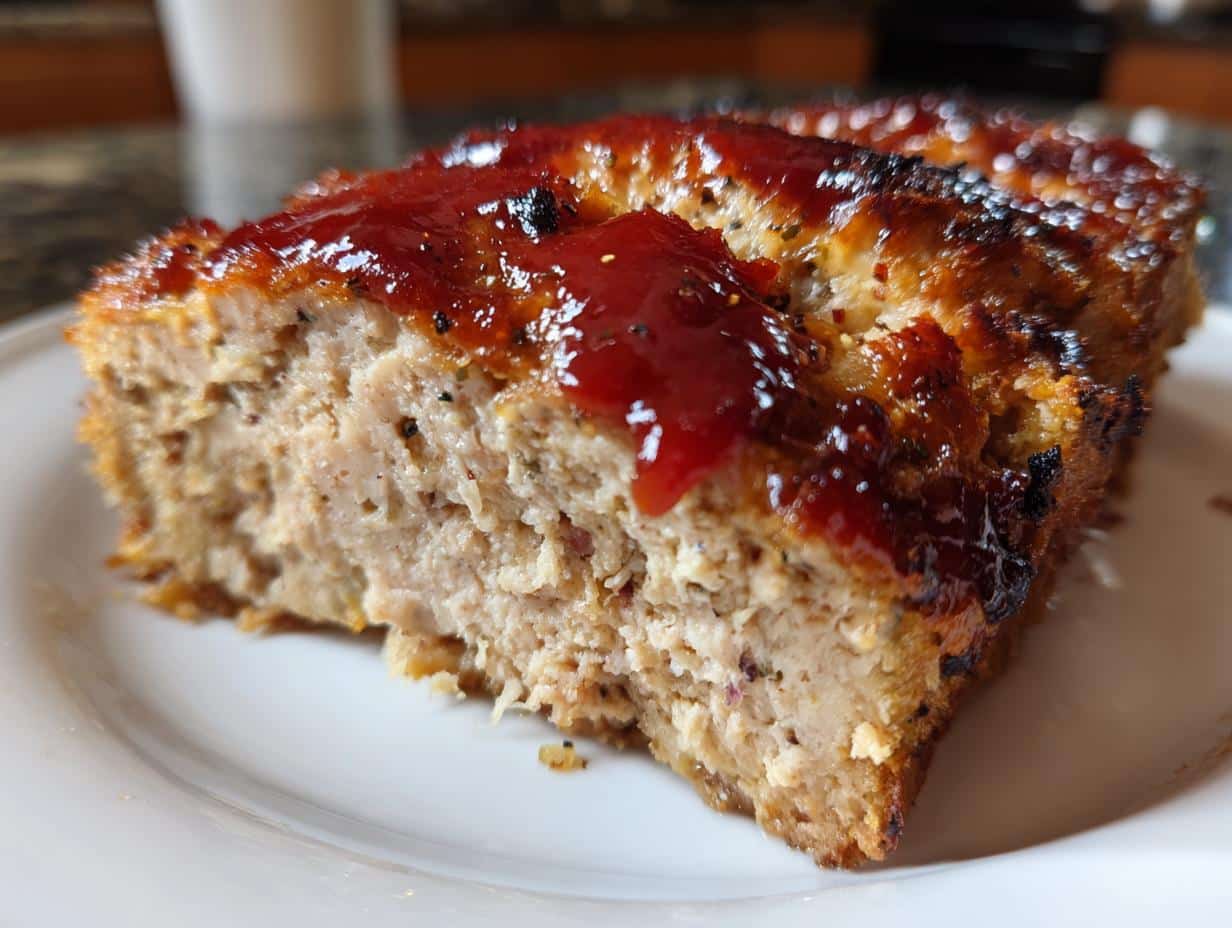 A close-up of a single slice of Juicy Garlic Parmesan Chicken Meatloaf on a white plate, topped with a rich red glaze.