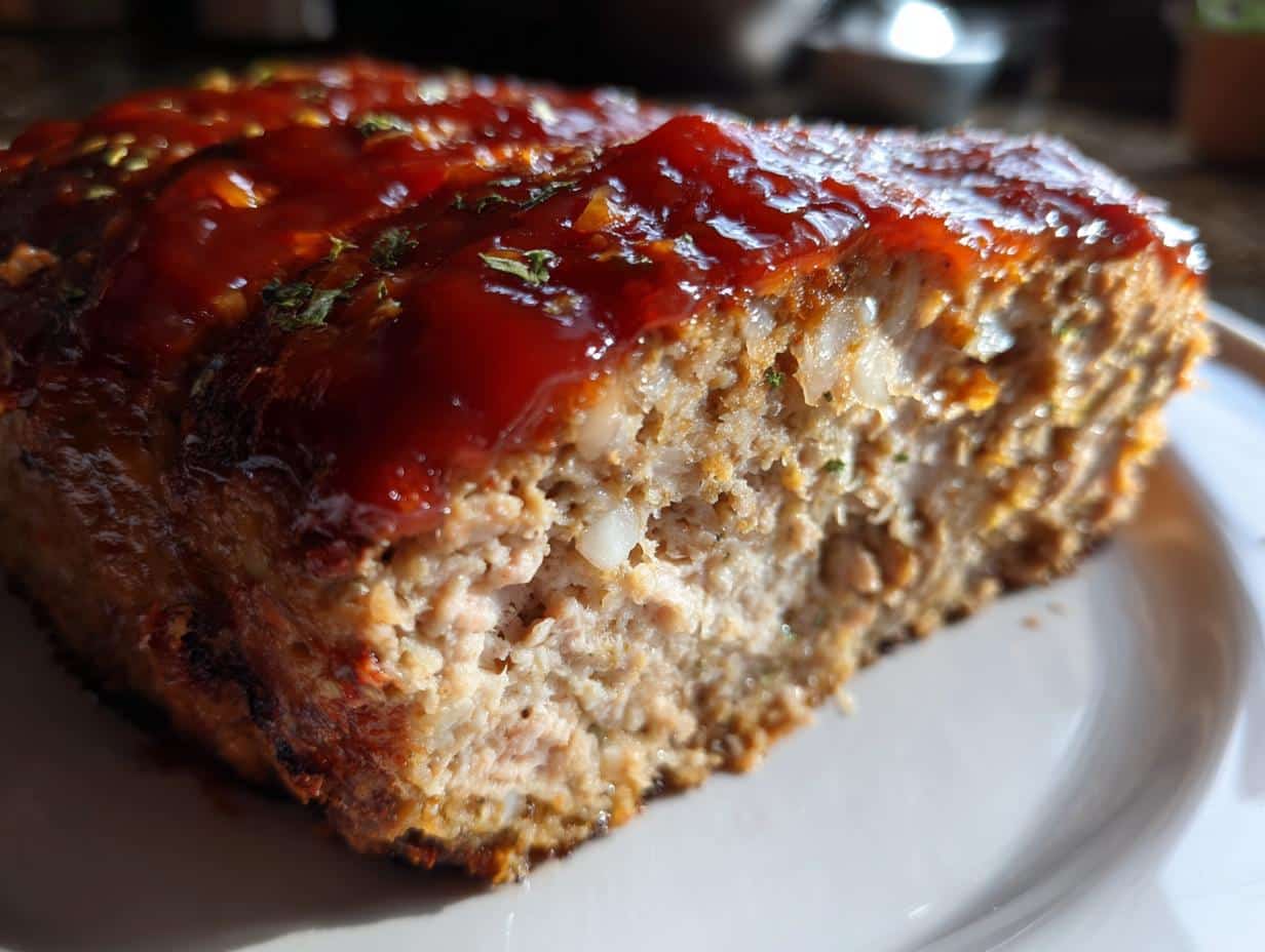 A close-up shot of a slice of Juicy Garlic Parmesan Chicken Meatloaf with a glossy red glaze on top, showing the texture of the meatloaf.