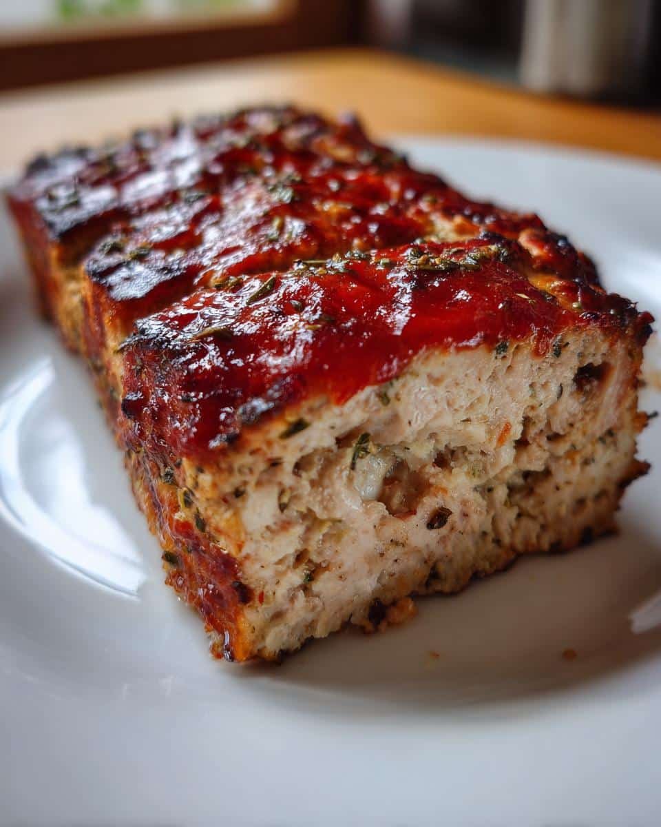 A close-up of a perfectly baked slice of Juicy Garlic Parmesan Chicken Meatloaf with a rich, glossy glaze.