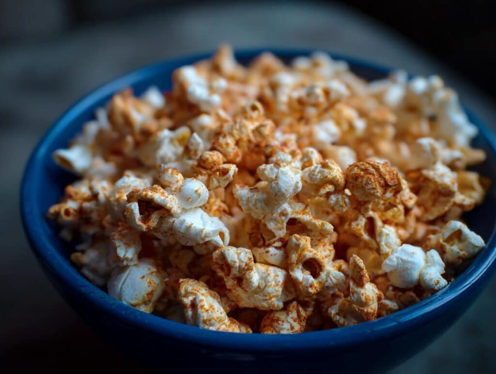 A blue bowl filled with Khloud Protein Popcorn, seasoned with a reddish powder.