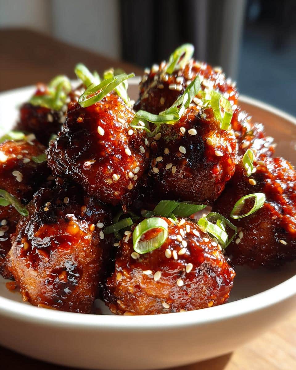 A close-up of a bowl filled with glistening Korean BBQ Meatballs, garnished with white sesame seeds and chopped green scallions.
