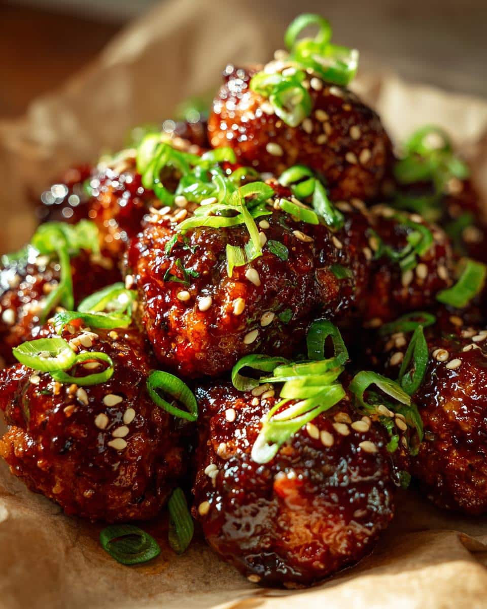 A close-up of glossy, dark brown Korean BBQ Meatballs garnished with white sesame seeds and fresh green scallions.