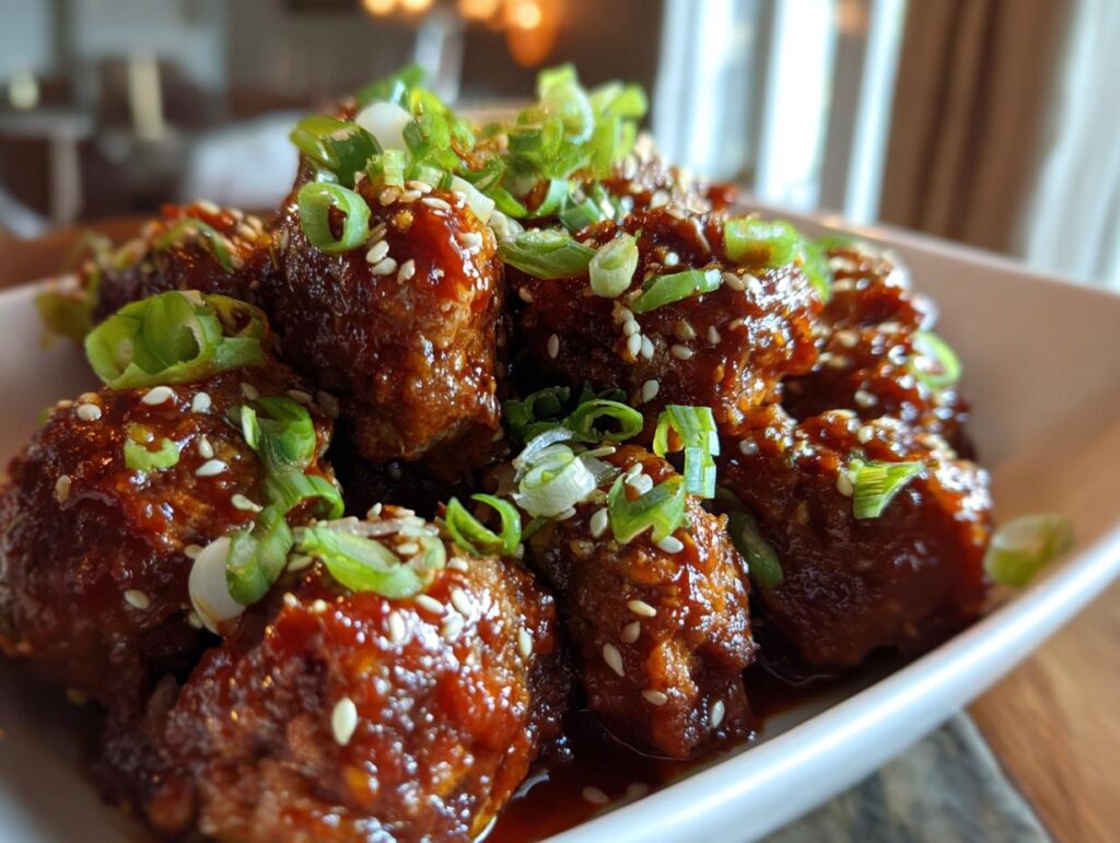 A close-up of glossy Korean BBQ Meatballs garnished with sesame seeds and chopped green onions in a white dish.