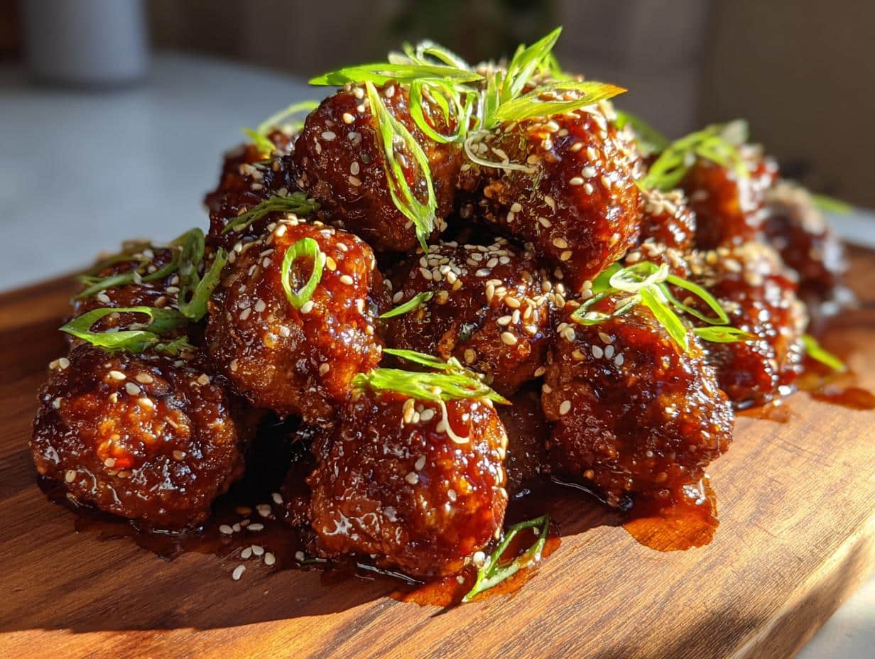 A close-up of a pile of glistening Korean BBQ Meatballs on a wooden board, garnished with sesame seeds and chopped green scallions.