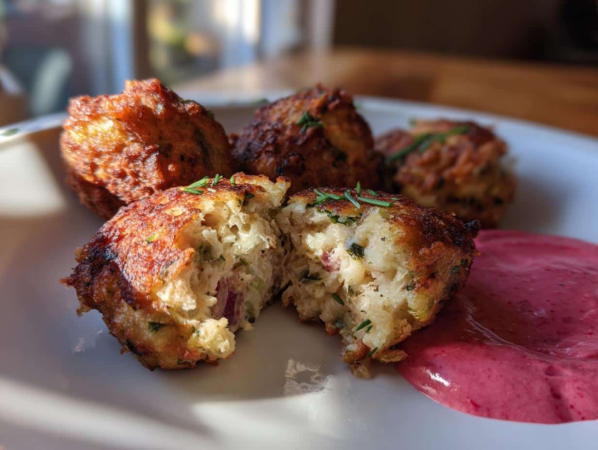 Close-up of golden-brown leftover stuffing fritters on a white plate, one split open to show the savory interior, with a side of pink sauce.