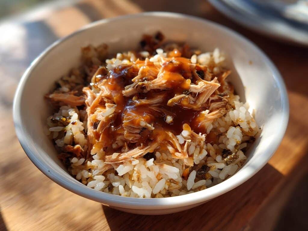 A bowl of rice topped with shredded turkey and sauce, a Leftover Turkey Recipe idea.
