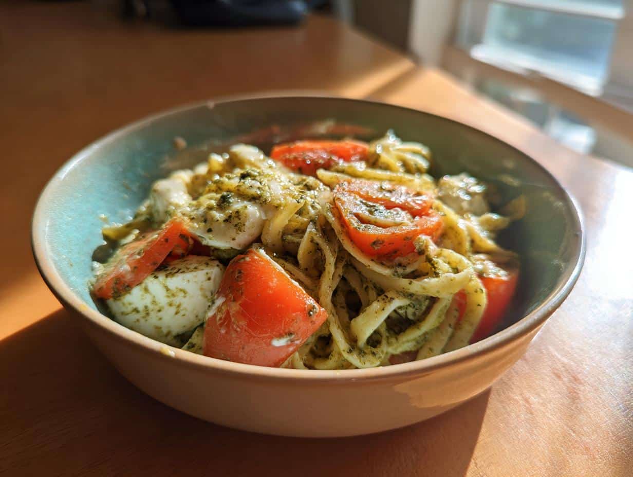 A vibrant bowl of Light & Creamy Pesto Caprese Pasta Salad with fresh tomatoes, mozzarella, and pesto-coated pasta.