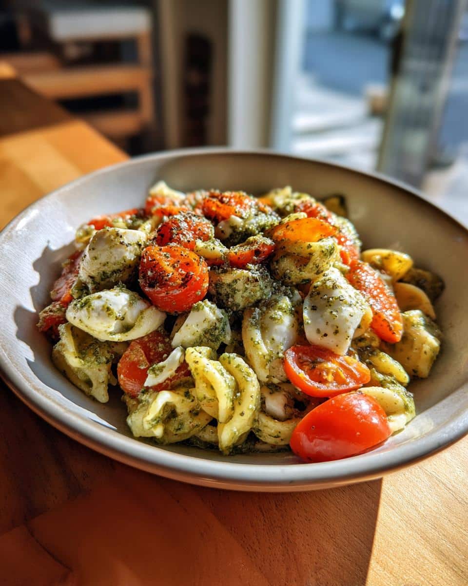 A close-up of a bowl filled with Light & Creamy Pesto Caprese Pasta Salad, featuring pasta, cherry tomatoes, mozzarella, and pesto.