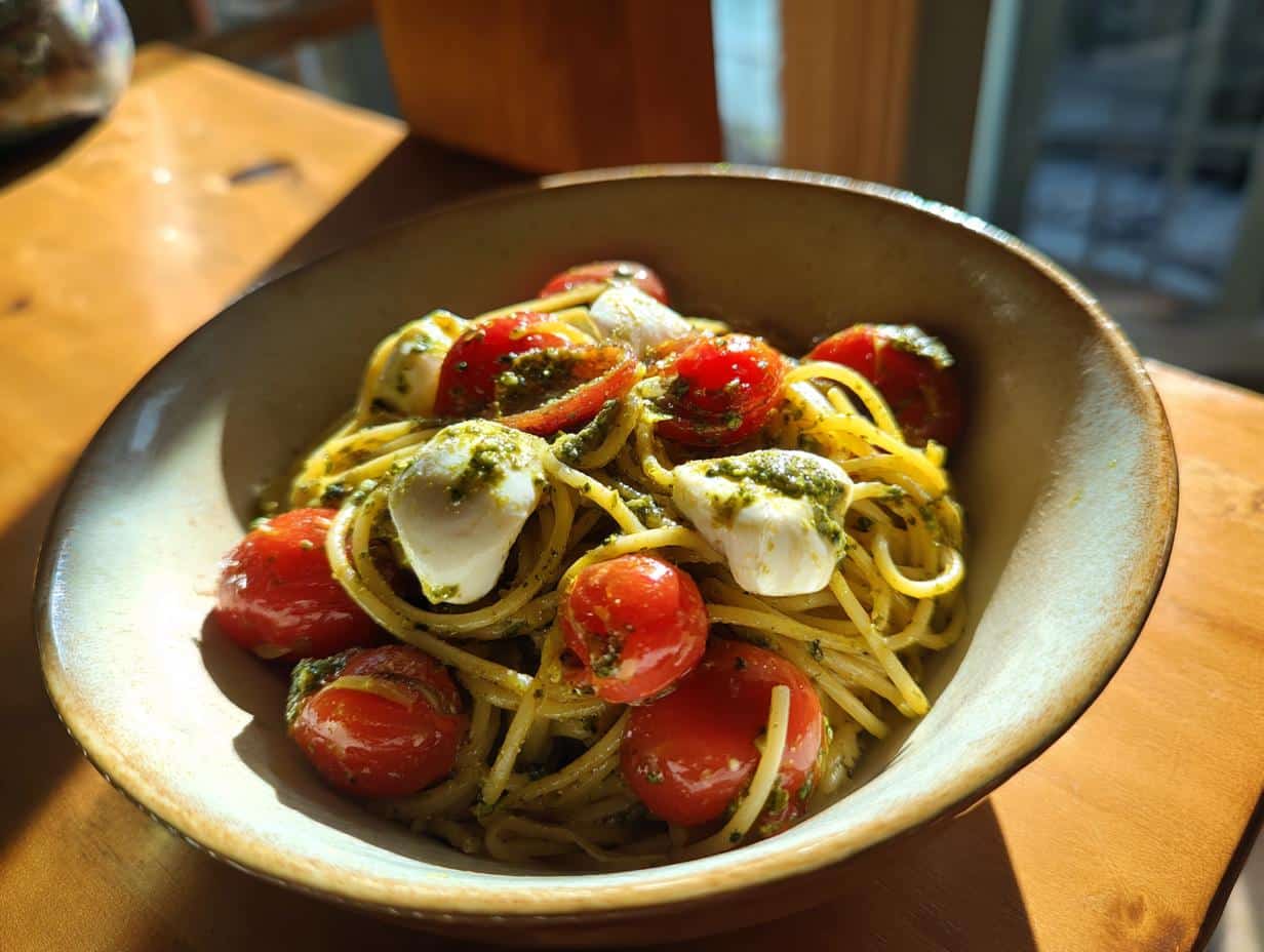 A close-up of a bowl filled with Light & Creamy Pesto Caprese Pasta Salad, featuring spaghetti, cherry tomatoes, and mozzarella balls.