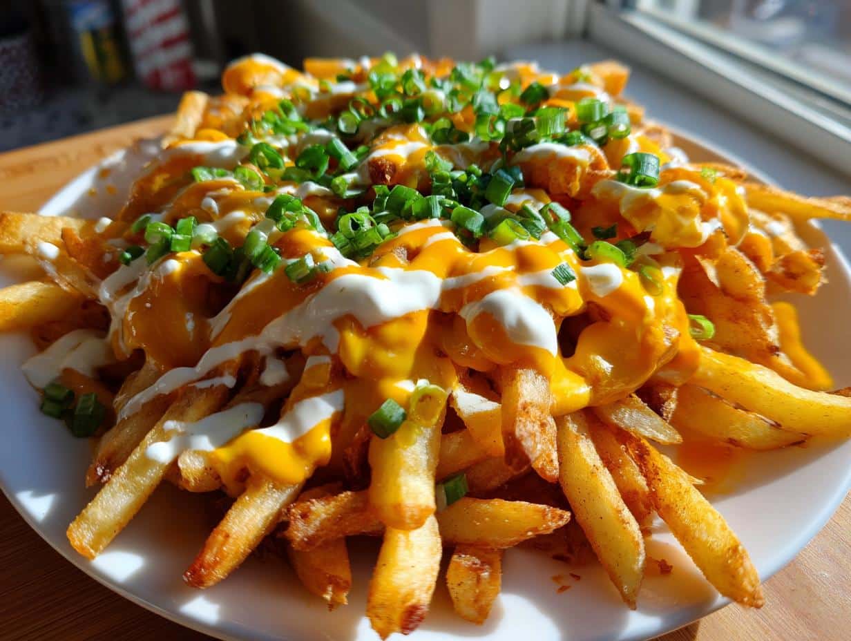 A close-up of a plate piled high with golden Louisiana Voodoo Fries, topped with melted cheese sauce, white drizzle, and chopped green scallions.