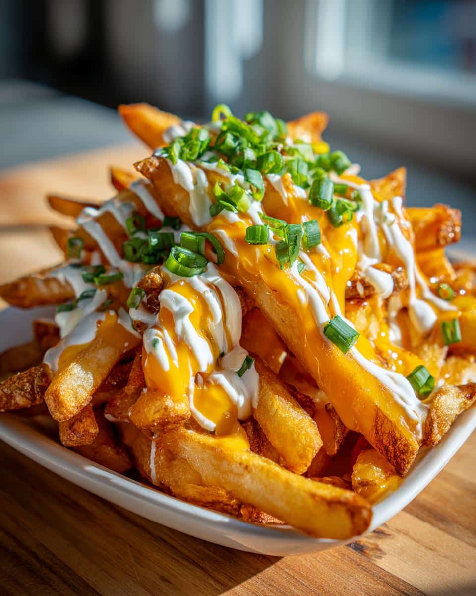 Close-up of a plate of Louisiana Voodoo Fries, topped with melted cheese, white sauce, and chopped green scallions.