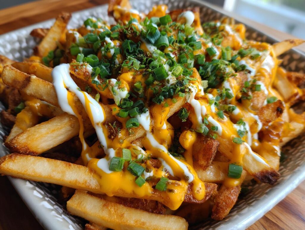 A close-up of a serving of Louisiana Voodoo Fries, loaded with melted cheese sauce, white drizzle, and chopped green scallions.