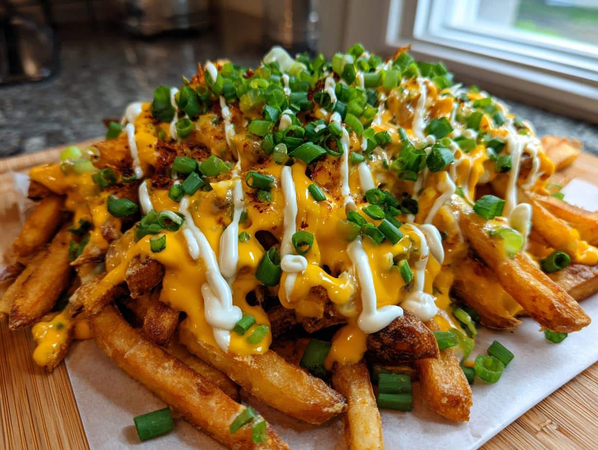 A close-up of a large serving of Louisiana Voodoo Fries, generously topped with melted cheese, white sauce, and chopped green scallions.