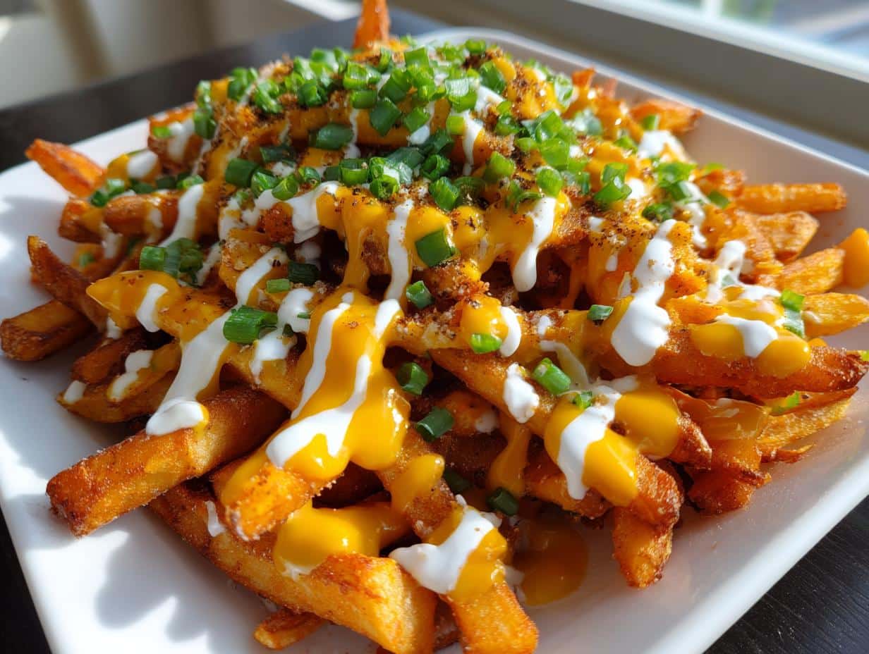 Close-up of Louisiana Voodoo Fries loaded with melted cheese sauce, white sour cream drizzle, and fresh green scallions.