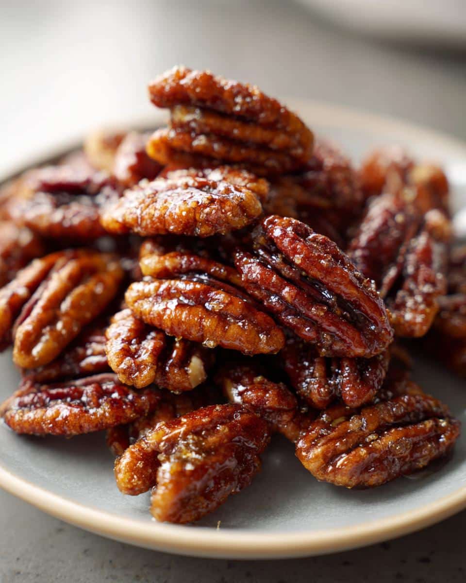 A close-up shot of a pile of shiny, golden-brown maple glazed pecans on a light grey plate.