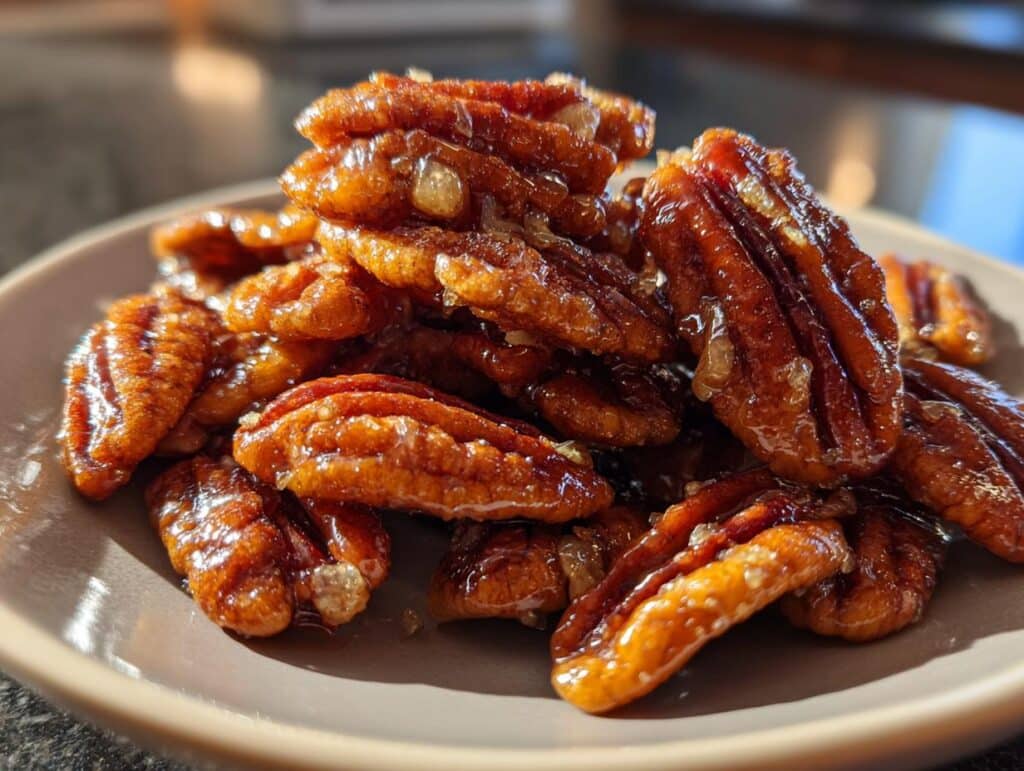 A close-up shot of a pile of shiny, golden-brown maple glazed pecans on a light brown plate, glistening with sweet syrup.