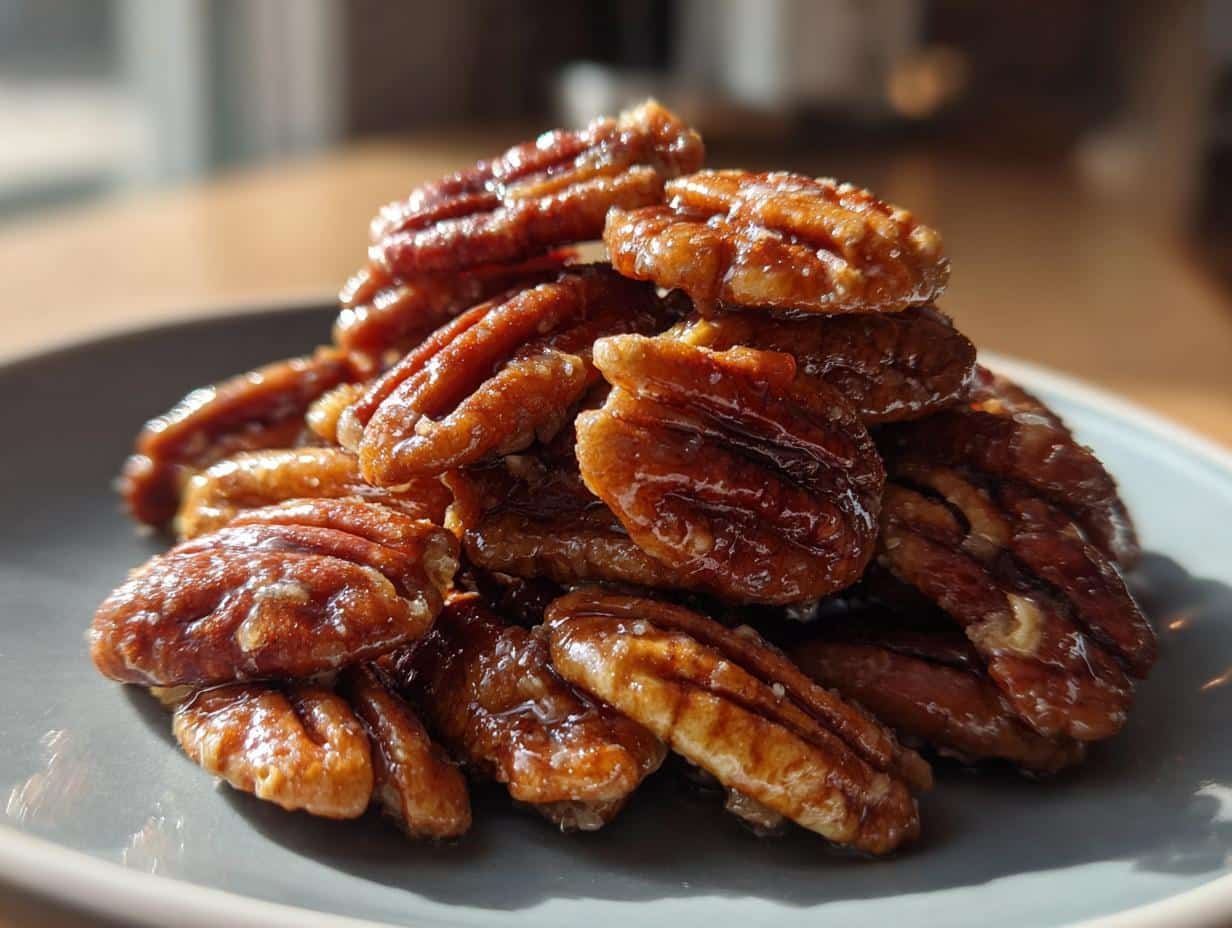 A close-up shot of a generous pile of shiny, golden-brown maple glazed pecans on a grey plate, glistening in the light.