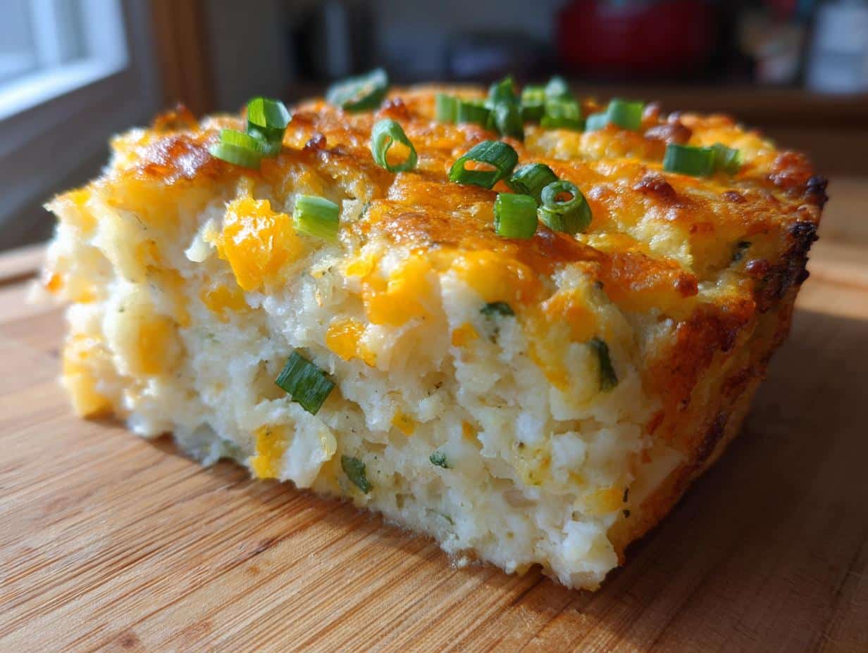 A slice of savory mashed potatoes cake with cheese and scallions on a wooden board.