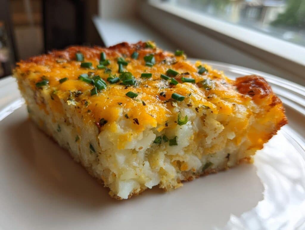 A slice of savory Mashed Potatoes cake with melted cheese and herbs on a white plate.