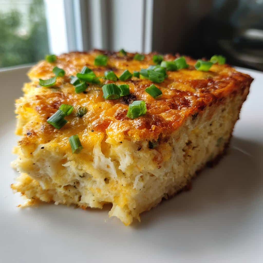 A slice of savory Mashed Potatoes cake, topped with cheese and chives, on a white plate.