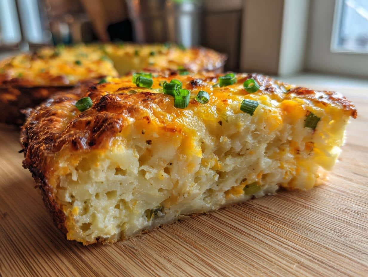 A slice of savory Mashed Potatoes cake, topped with melted cheese and green onions, on a wooden board.