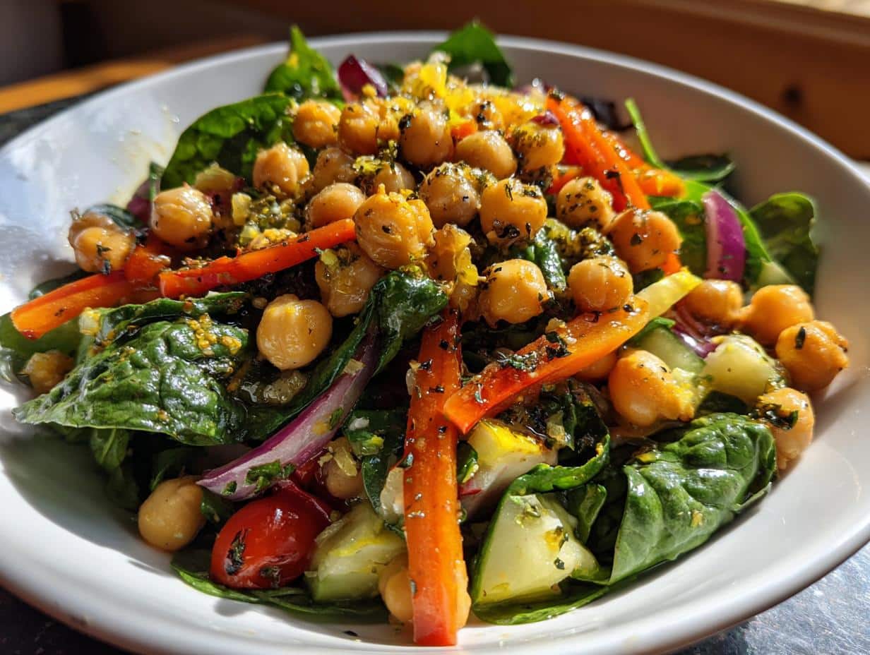 A close-up of a colorful Mediterranean Chickpea Spinach Salad in a white bowl, featuring chickpeas, spinach, bell peppers, and red onion.