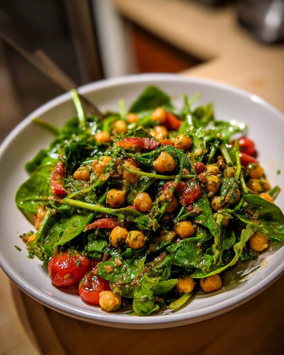 A close-up of a fresh Mediterranean Chickpea Spinach Salad in a white bowl, featuring chickpeas, spinach, and cherry tomatoes.
