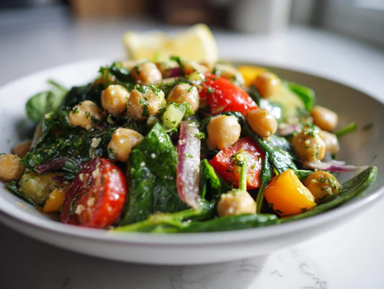 A vibrant close-up of Mediterranean Chickpea Spinach Salad with chickpeas, spinach, tomatoes, and red onion, garnished with herbs and a lemon wedge.
