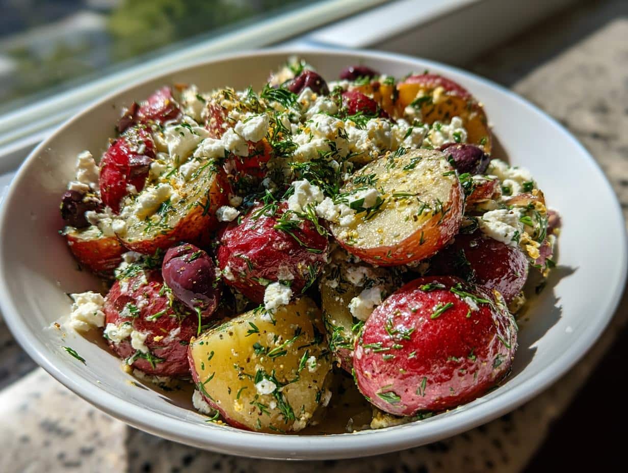 A close-up of a bowl of Mediterranean potato salad recipe, featuring red and yellow potatoes, crumbled feta, black olives, and fresh dill.
