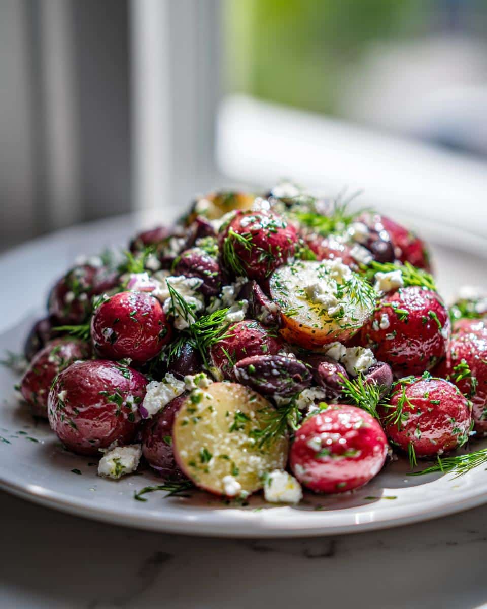Close-up of a colorful mediterranean potato salad recipe featuring red and yellow potatoes, olives, feta cheese, and fresh dill.