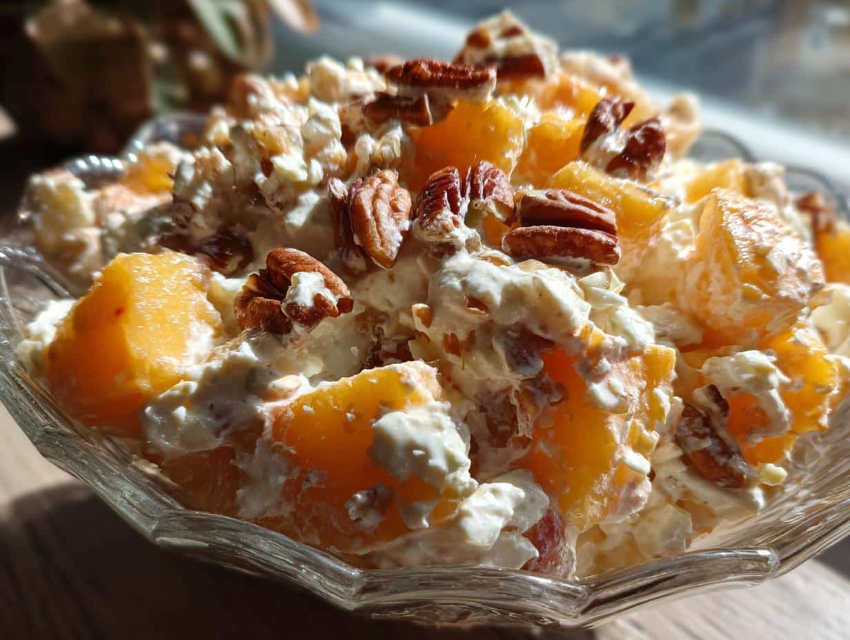Close-up of a Millionaire Peach Salad in a glass bowl, featuring diced peaches, creamy dressing, and whole pecans.