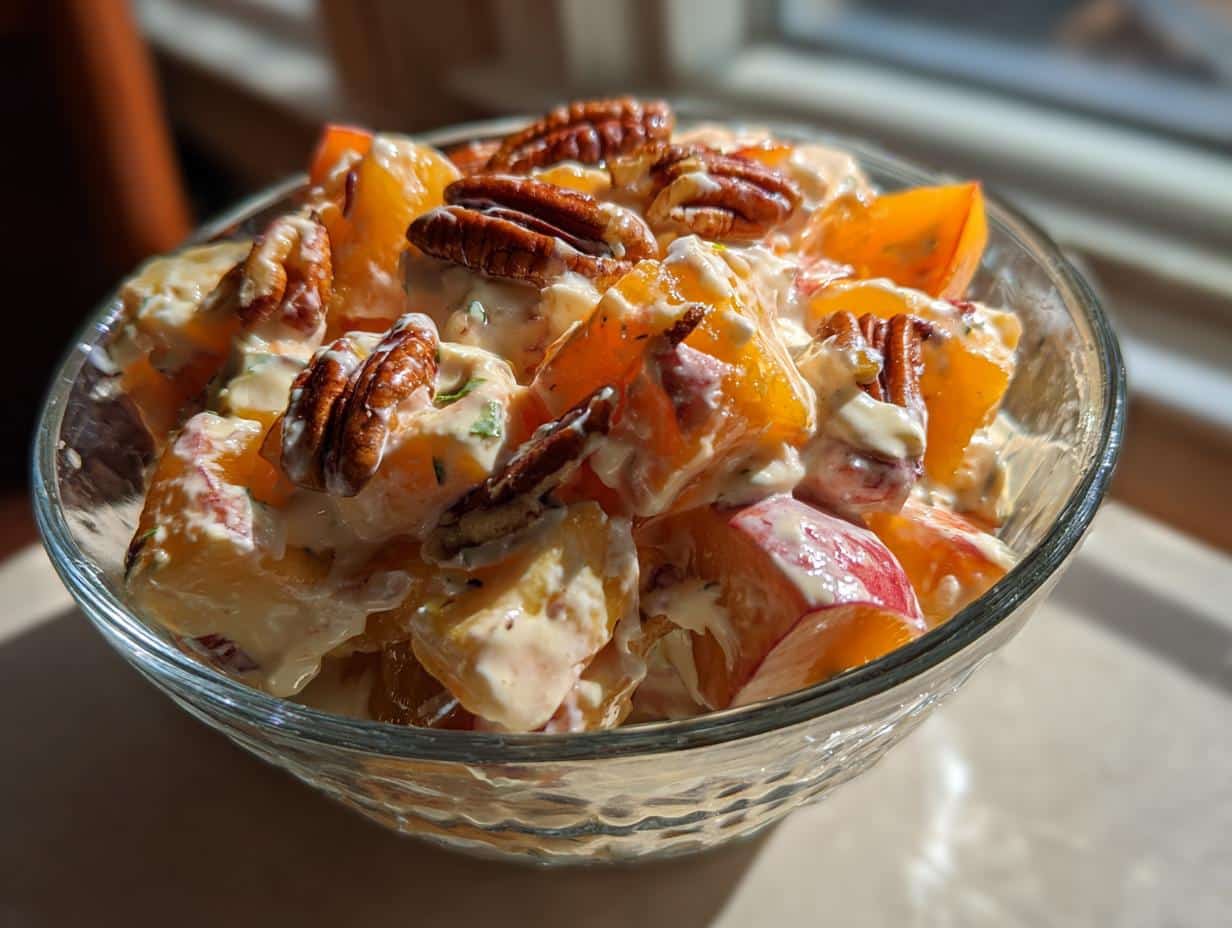 A close-up of a glass bowl filled with Millionaire Peach Salad, featuring peach chunks, creamy dressing, and whole pecans.