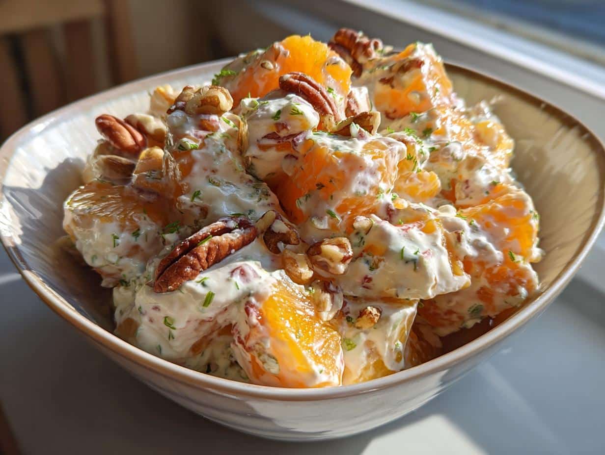 A close-up of a bowl filled with Millionaire Peach Salad, featuring peach chunks, creamy dressing, and whole pecans.